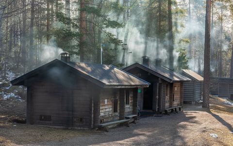 Kuusijärvi smoke saunas letting some smoke, Kuninkaanmäki, Vantaa, Finland, 2023 April
